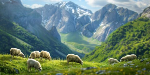 sheep in a pasture against the backdrop of mountains Generative AI
