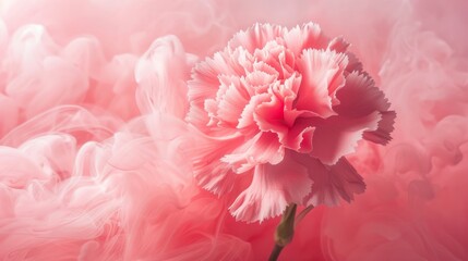 A carnation pink flower stands against a backdrop of swirling smoke. Creative abstract spring nature. Summer bloom concept