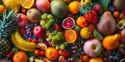 Naklejka na ściany i meble fruits and citruses Assorted top view texture Generative AI