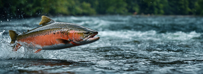 A close-up of a Quinnat salmon leaping out of a rushing river.
