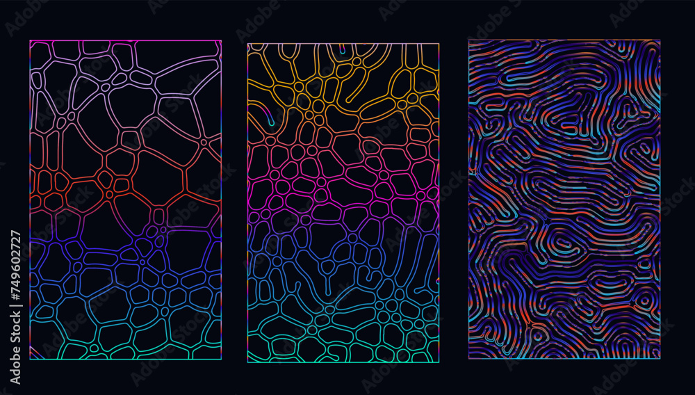 Aufkleber set of holographic patterns with warped psychedelic pattern of colorful neon lines.