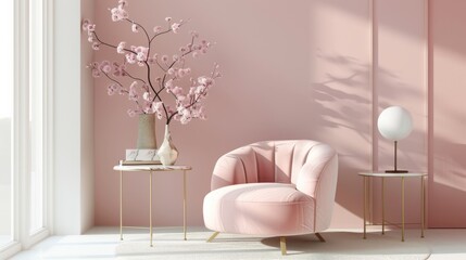 A pink room featuring a chair and a vase filled with colorful flowers creating a vibrant and inviting atmosphere.