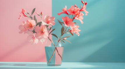 A vase with pink flowers on soft pink and blue background. Creative abstract backdrop.