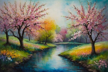 Abstract painting using oil pastels and watercolors, 
Flowering cherry trees