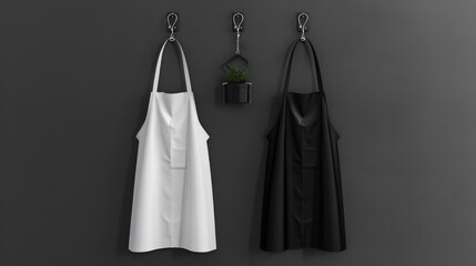 White and black aprons, apron mockup, clean apron for store branding. Creative banner, copy space