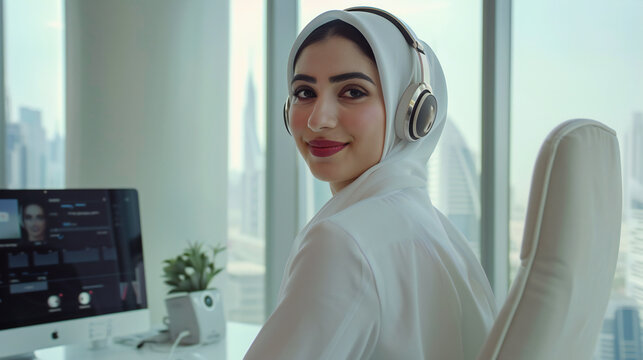 A professional is focused on their computer, wearing headphones in a bright, modern office with a city view. This image is perfect for: remote work, productivity, modern office, cityscape view.
