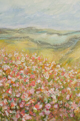 Art oil and Acrylic smear flower landscape blot hand drawn painting . Abstract texture color stain brushstroke background.