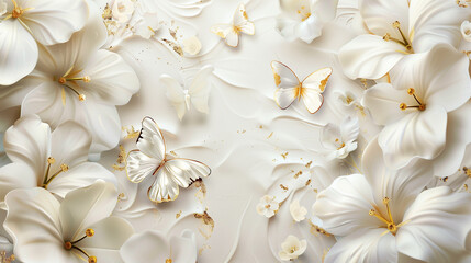 Fototapeta na wymiar Elegant White Flowers and Butterflies with gilding on a Luxurious abstract Background.