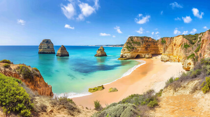 Picturesque Algarve Beach Panorama, Panoramic view of a stunning Algarve beach with golden cliffs...