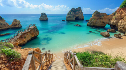 Picturesque Algarve Beach Panorama, Panoramic view of a stunning Algarve beach with golden cliffs and turquoise waters. - Powered by Adobe