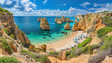 Picturesque Algarve Beach Panorama, Panoramic view of a stunning Algarve beach with golden cliffs and turquoise waters. - obrazy, fototapety, plakaty