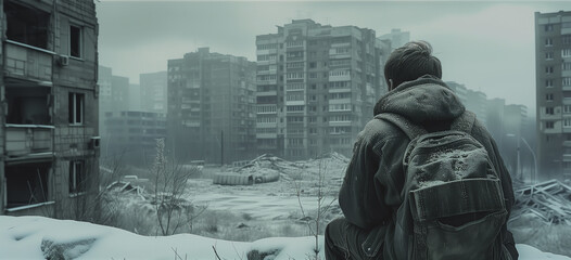 the last man on earth grieving in loneliness, nuclear winter apocalypse destroyed city
