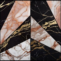 Black and white marble mosaic wall tile sample, black marble has gold veins, white marble copper veins. pattern: checkered double radial