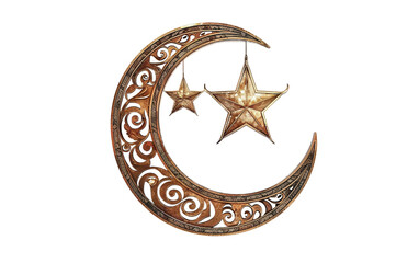 Ornate Crescent Moon and Star Isolated on Transparent Background PNG.