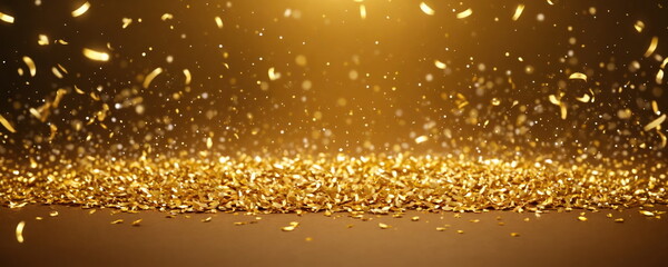 Golden Glitter Sparkle on a Dark Background With Bokeh Lights.Shimmering golden glitter on a dark surface, complemented by a soft bokeh effect of golden lights in the background