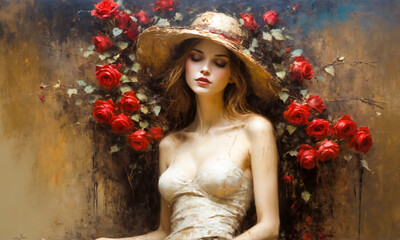 Ethereal woman adorned with a vibrant crown of red roses, set against a textured golden background that enhances her enigmatic allure.