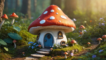 Fototapeta premium A charming mushroom house with a wooden door, located on a lush hillside, surrounded by smaller mushrooms, in the warm rays of the rising sun. A fabulous illustration.