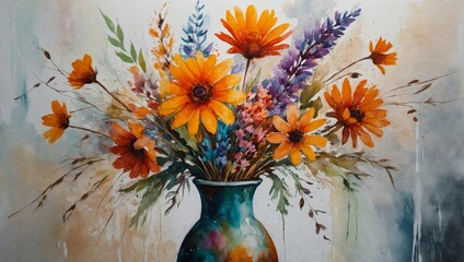 Abstract painting using oil pastels and watercolors, Colorful spring flowers in a vase