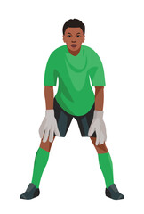 Fototapeta na wymiar Angolan teenage boy goalkeeper of junior football teem in green uniform and gloves who stands upright in goal and waits for the ball
