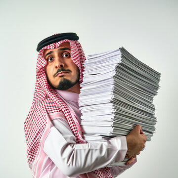 Traditional Arab man carrying huge paperwork load, representing office stress or bureaucracy. Perfect for: cultural diversity, work-life balance, business challenges, employee well-being.