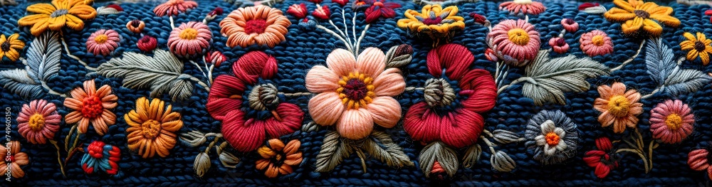 Wall mural Colorful embroidery on a blue knitted fabric, close-up