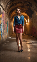 Naklejka premium A woman strides confidently through a graffiti-laden corridor, her leather attire contrasting with the dilapidated surroundings