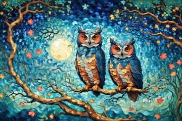 Obraz premium A captivating owl with bright eyes sits calmly on a branch amid a whimsical twilight forest painted with rich, dynamic hues and swirling patterns