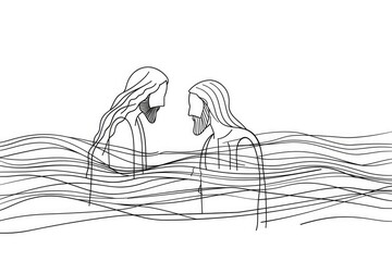 Continuous one line drawing of Jesus is baptized by John the Baptist in the Jordan River. Digital illustration. - obrazy, fototapety, plakaty