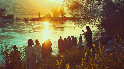 Jesus preaching in Galilee and gathering his disciples. Life of Jesus. Digital illustration.  - obrazy, fototapety, plakaty
