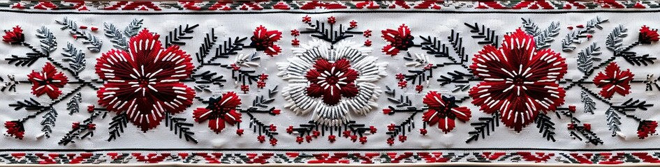 Detail of traditional Romanian embroidery with red and white flower