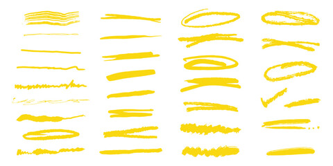 Crayon yellow brush stroke underline set. Grunge creative text decoration. Chalk pen highlight stroke. Vector illustration for banner, web site, poster