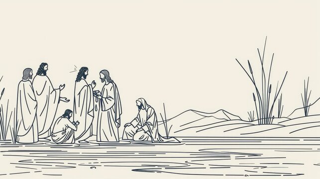 Jesus preaching in Galilee and gathering his disciples. Life of Jesus. Digital illustration. 