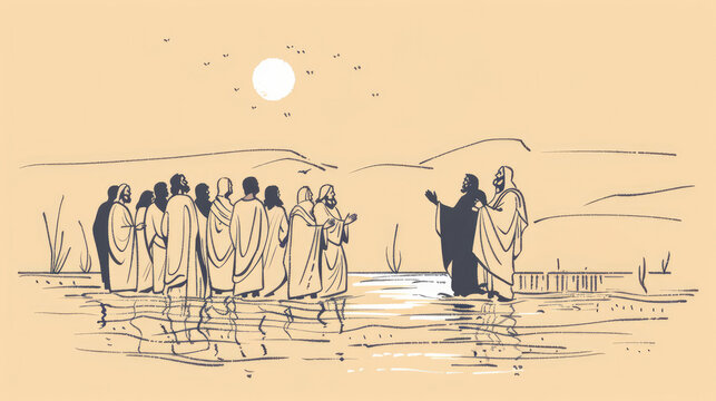 Jesus preaching in Galilee and gathering his disciples. Life of Jesus. Digital illustration. 