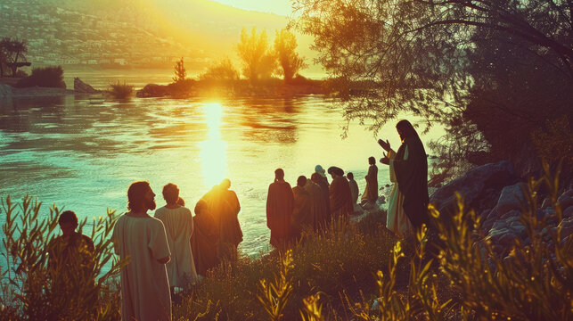 Jesus preaching in Galilee and gathering his disciples. Life of Jesus. Digital illustration. 