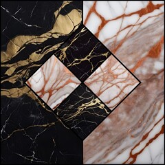 Black and white marble with gold and copper veins composition wall tile sample. Pattern: central checkered diamond