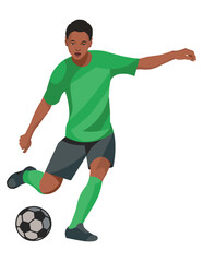 Dark-skinned teenage boy in a green sports uniform playing football and going to kick the ball with his foot
