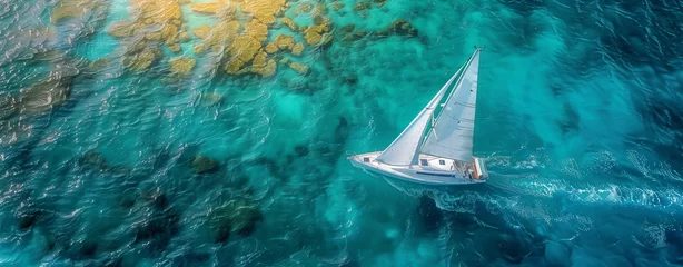 Schilderijen op glas Aerial view of boat sailing on electric blue water © Raptecstudio