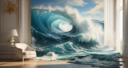 Compose a captivating image of crashing waves cascading down from a painting onto a room's floor, with an emphasis on the realistic portrayal of the water's energy and movement. -AI Generative