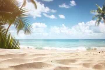 Summer exotic sandy beach with blur palms and sea on background, generated with AI