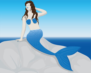 vector design illustration of a cartoon mermaid human in the form of a sexy woman with tail that looks like a blue fish and half of her body like a woman sitting on a rock with a view of the blue sky