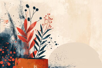 plant and planter with abstract illustration, in the style of warm color palette, circular shapes, generated with AI - obrazy, fototapety, plakaty