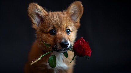 Realistic photo of a corgi puppy holding a red rose in his mouth, dark background, generated with AI