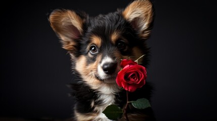Realistic photo of a corgi puppy holding a red rose, dark background, generated with AI