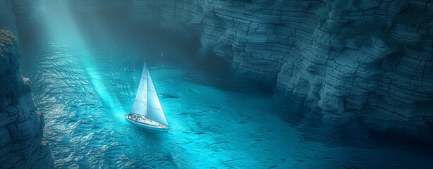 A watercraft glides through an electric blue underwater cave
