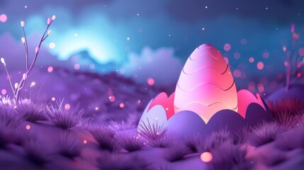 Mystical Easter eggs glowing in a magical night setting, perfect for holiday fantasy themes. Illuminated Easter eggs in a dreamy purple landscape, great for festive season advertising.