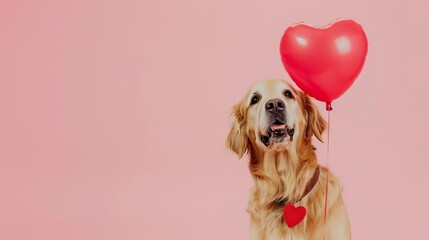Golden retriever dog with a red heart-shaped balloon celebrating love. Adorable pet portrait against a pink background with space for text.