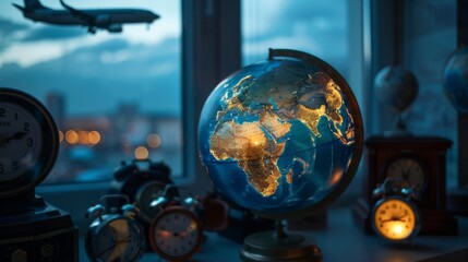 Illuminated globe by a window at dusk, symbolizing world travel and exploration, with clocks representing different time zones and the spirit of adventure and learning.