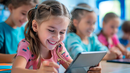 Joyful girls laughing while using a tablet for interactive learning in a classroom. Happy children experiencing fun and education together.