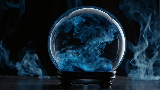 Crystal ball energy magic sphera with blue smoke on a black background