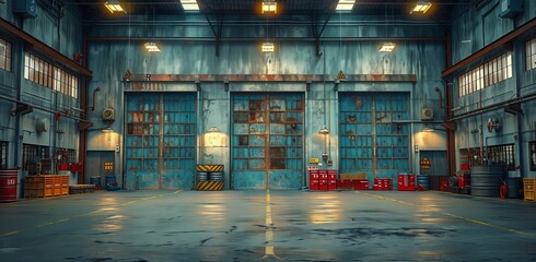 A spacious warehouse with multiple doors and bright lights